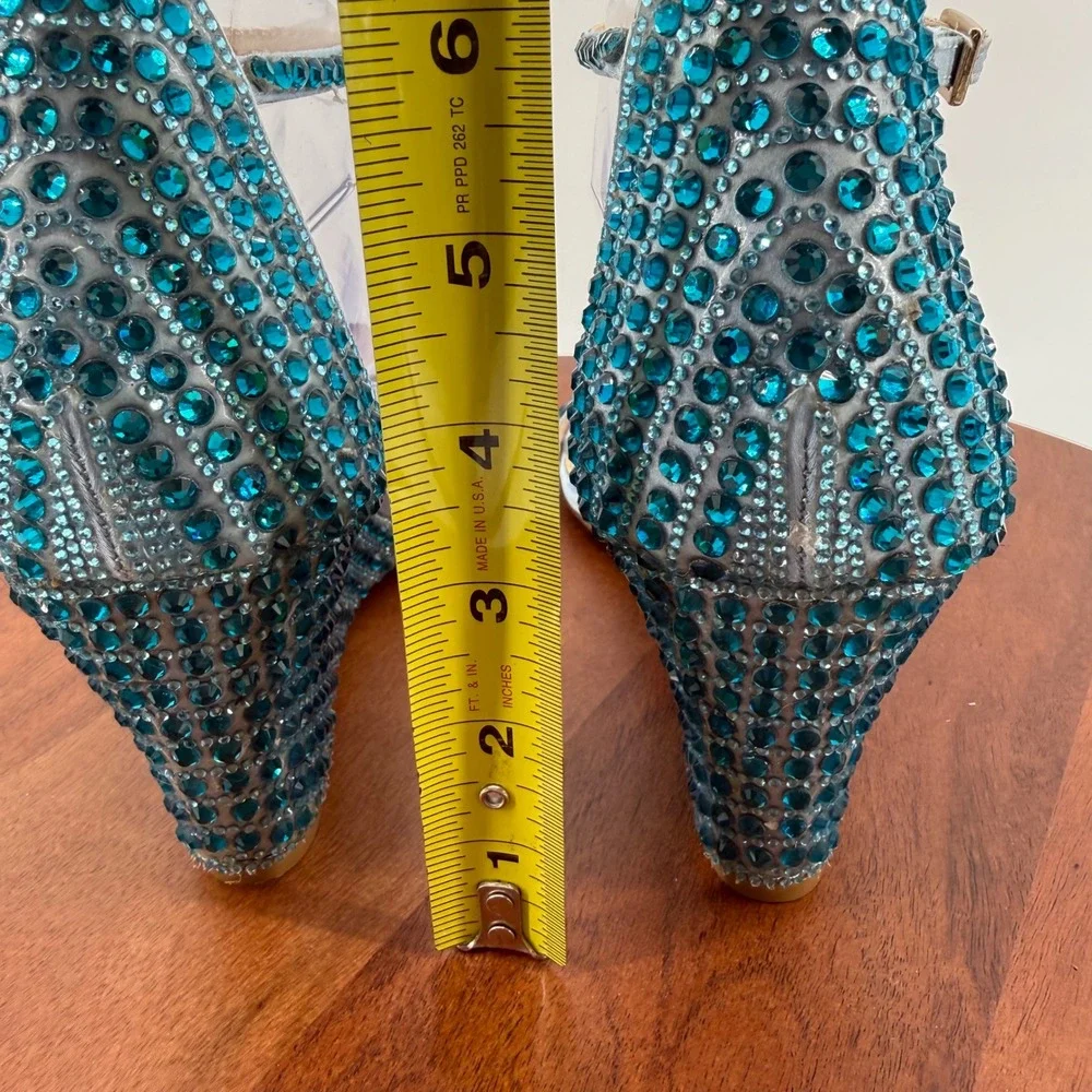 Betsey Johnson SB-DEBIE Wedge Sandals Womens Blue Rhinestone Crystal 9.5M